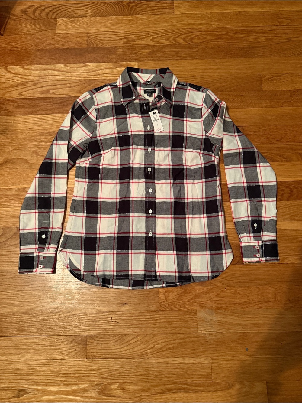 Talbots Plaid Button-Down Shirt - White, silver, Black & Red Trim